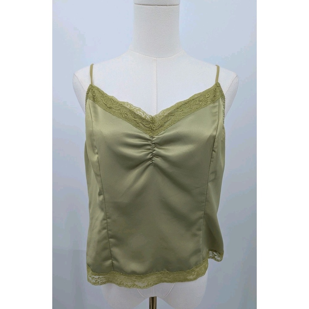 Vtg Y2K Worthington Green Satin & Lace Cropped Cami Tank Size L Layering